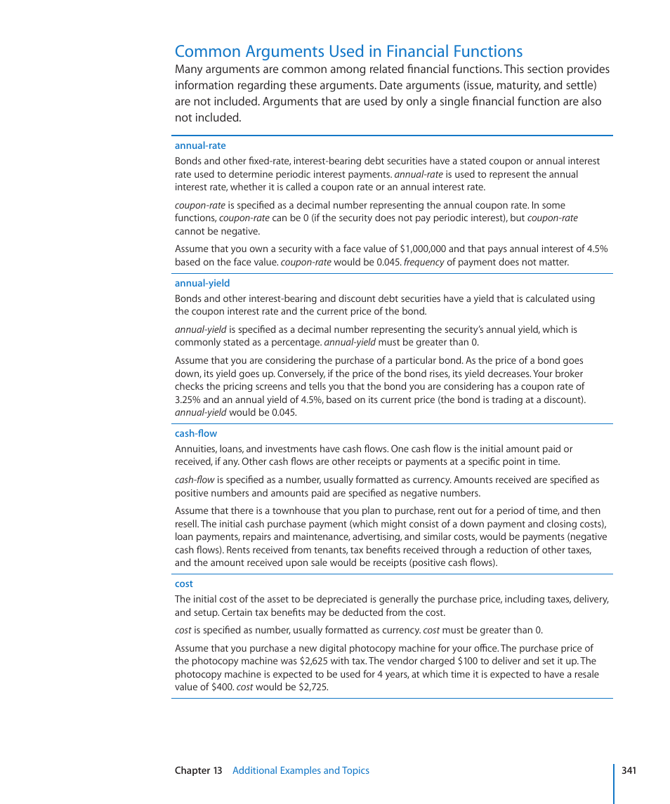 Common arguments used in financial functions, 341 common arguments used in financial functions, Common arguments used in financial | Functions | Apple iWork '09 User Manual | Page 341 / 372