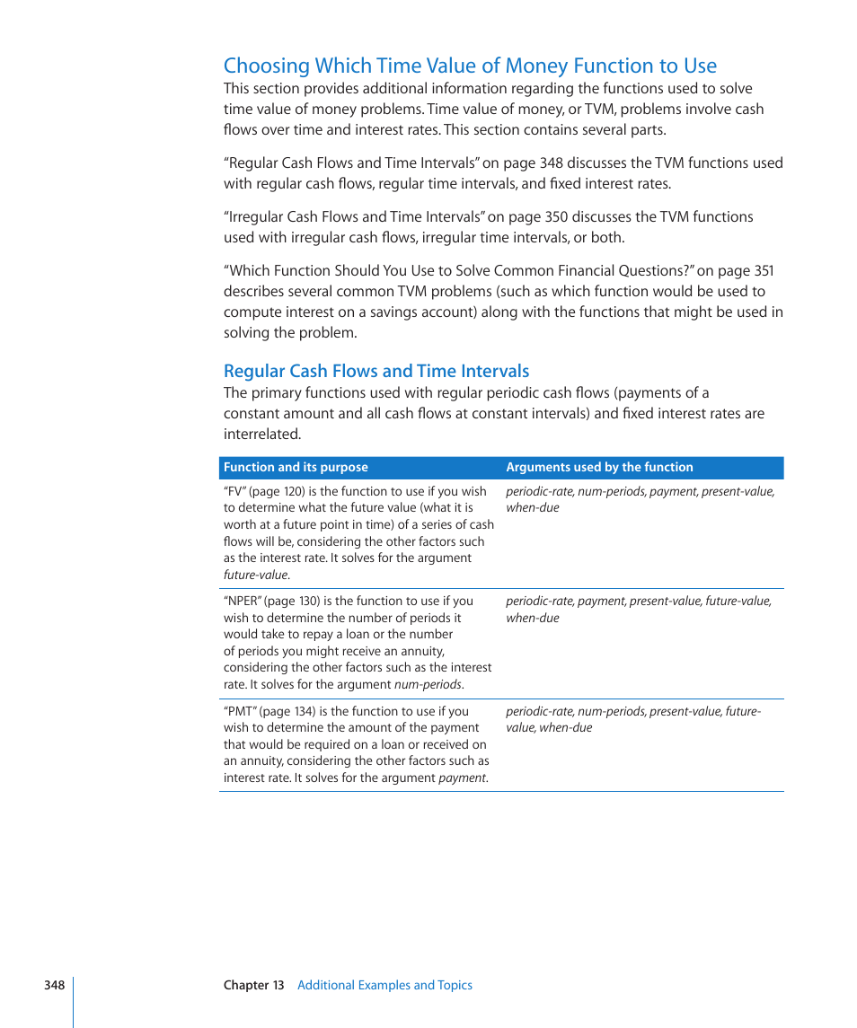 Choosing which time value of money function to use, Regular cash flows and time intervals | Apple iWork '09 User Manual | Page 348 / 372