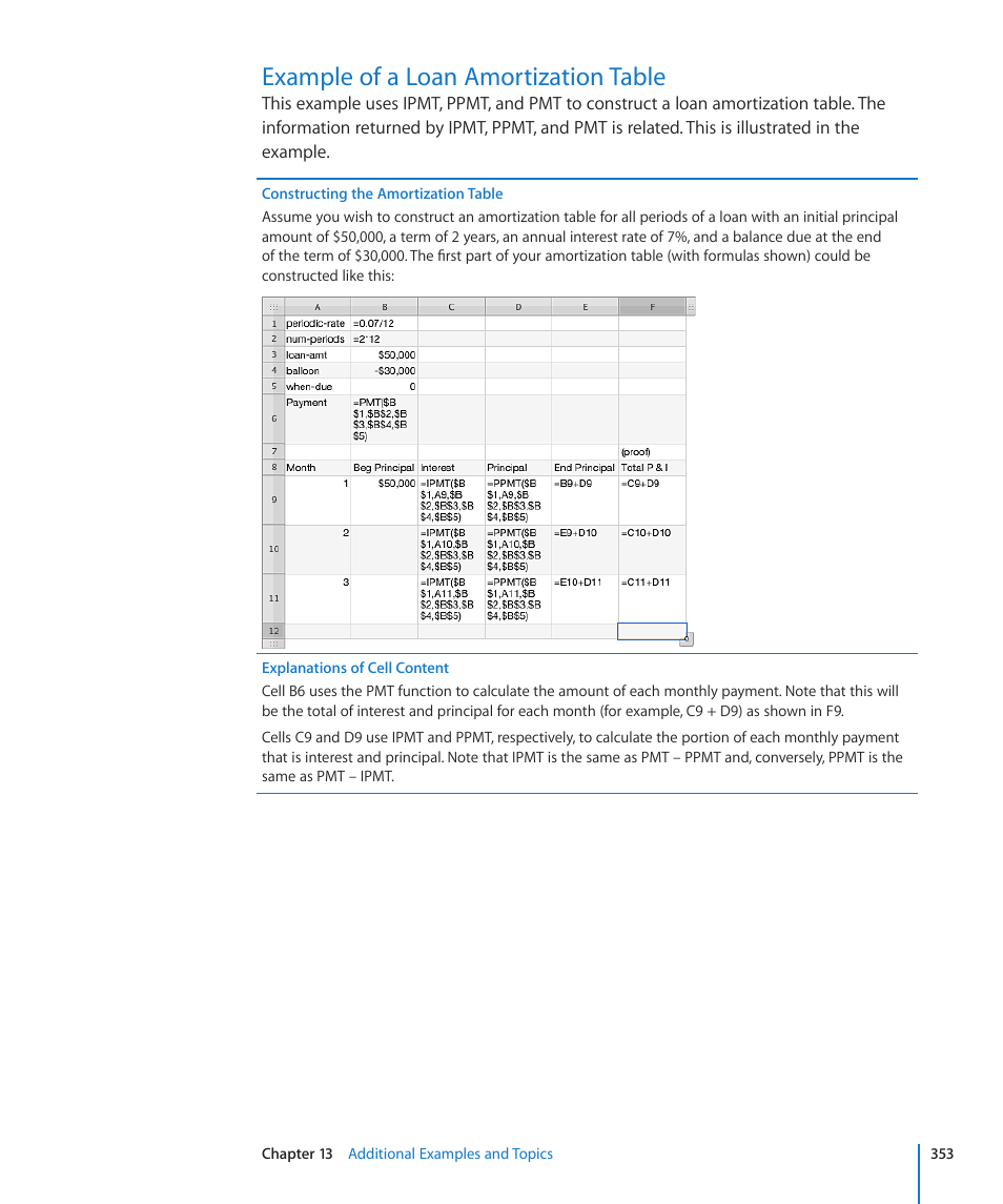Example of a loan amortization table, 353 example of a loan amortization table | Apple iWork '09 User Manual | Page 353 / 372