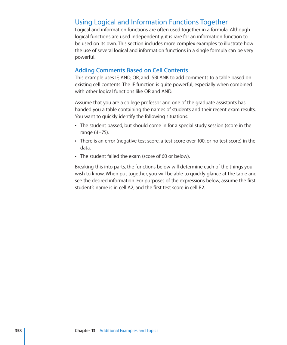 Using logical and information functions together, Adding comments based on cell contents | Apple iWork '09 User Manual | Page 358 / 372