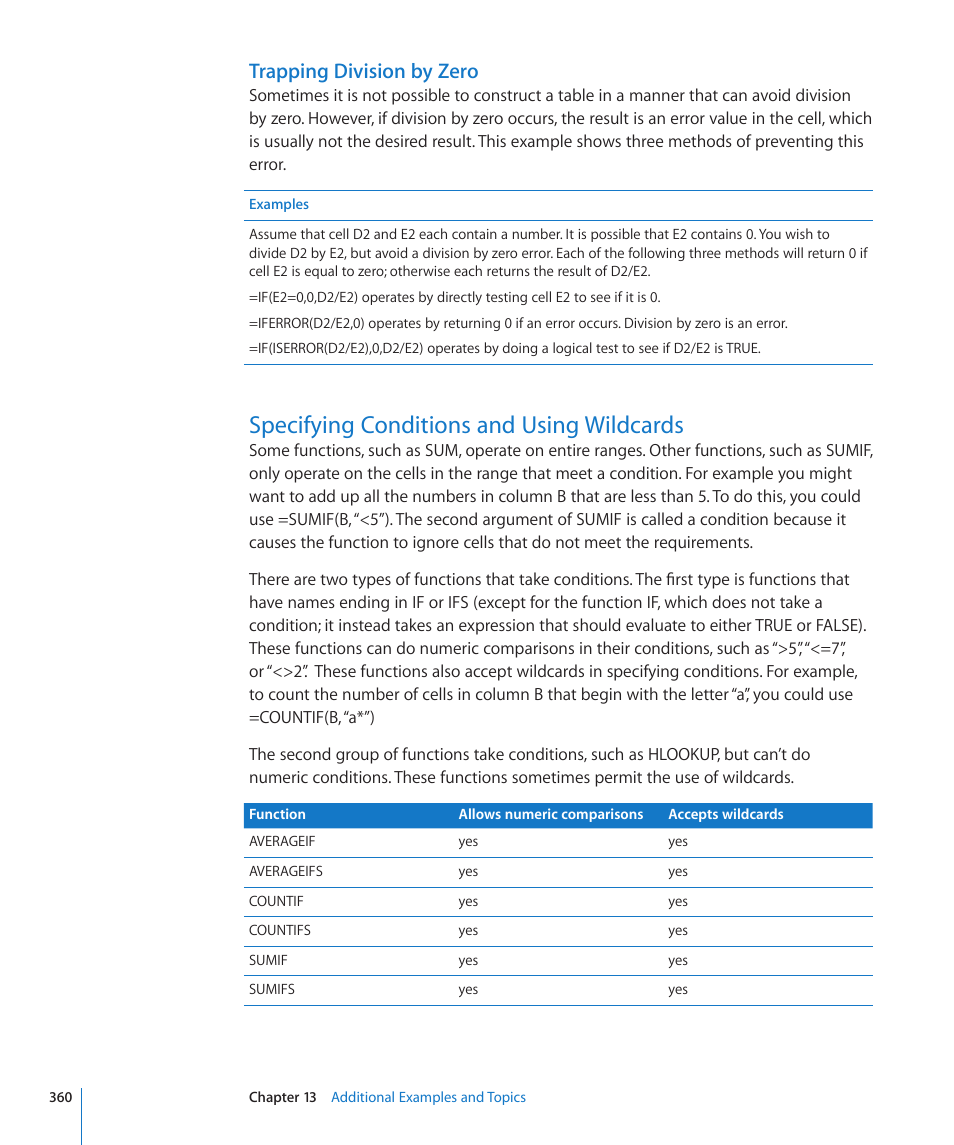 Trapping division by zero, Specifying conditions and using wildcards, 360 specifying conditions and using wildcards | Apple iWork '09 User Manual | Page 360 / 372