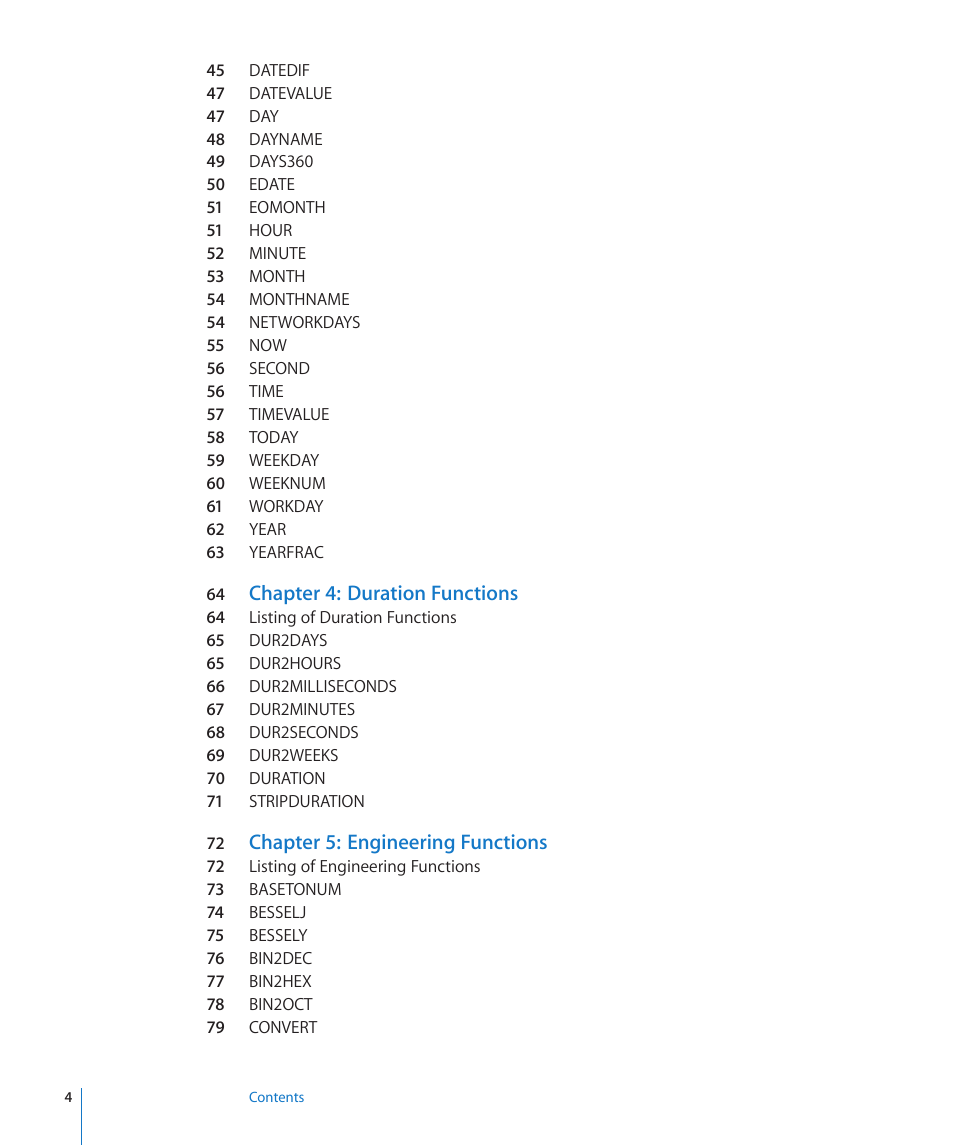 Chapter 4: duration functions, Chapter 5: engineering functions | Apple iWork '09 User Manual | Page 4 / 372
