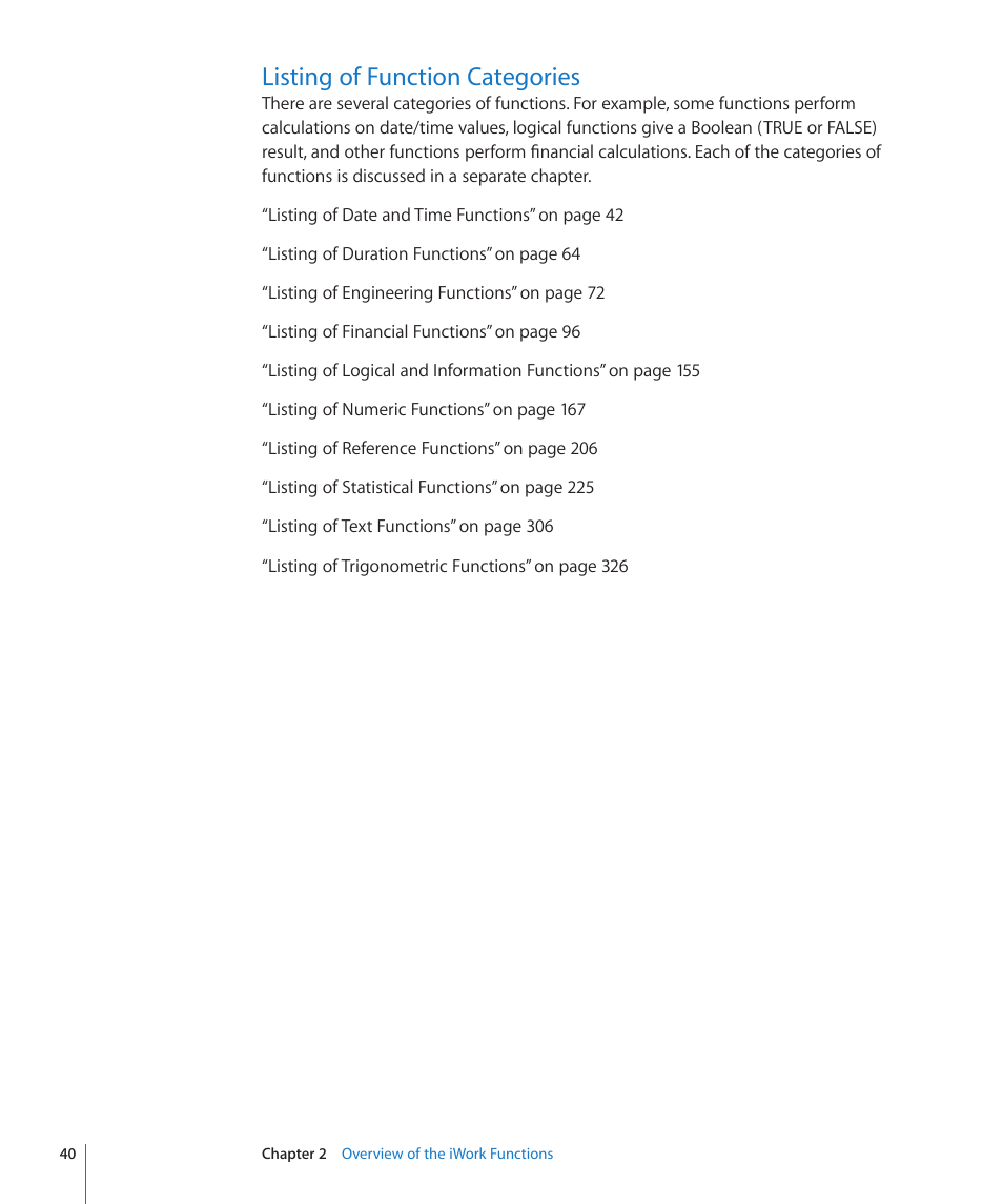 Listing of function categories, 40 listing of function categories | Apple iWork '09 User Manual | Page 40 / 372
