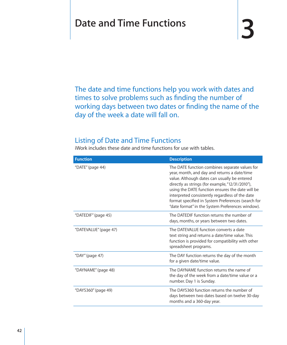 Chapter 3: date and time functions, Listing of date and time functions, Chapter 3: date and time functions | 42 listing of date and time functions, Date and time functions | Apple iWork '09 User Manual | Page 42 / 372