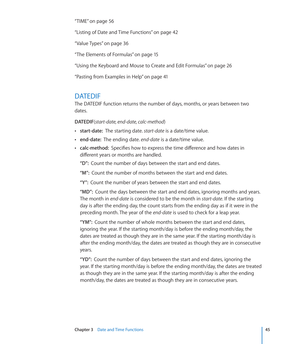 Datedif, 45 datedif | Apple iWork '09 User Manual | Page 45 / 372