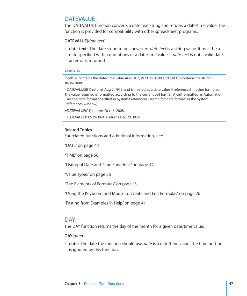 Datevalue, 47 datevalue 47 day | Apple iWork '09 User Manual | Page 47 / 372