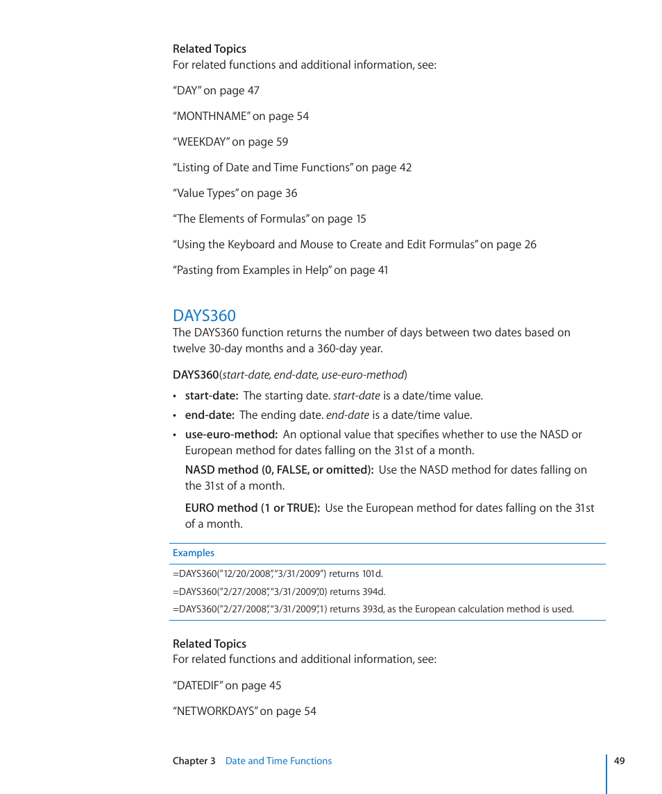 Days360, 49 days360 | Apple iWork '09 User Manual | Page 49 / 372