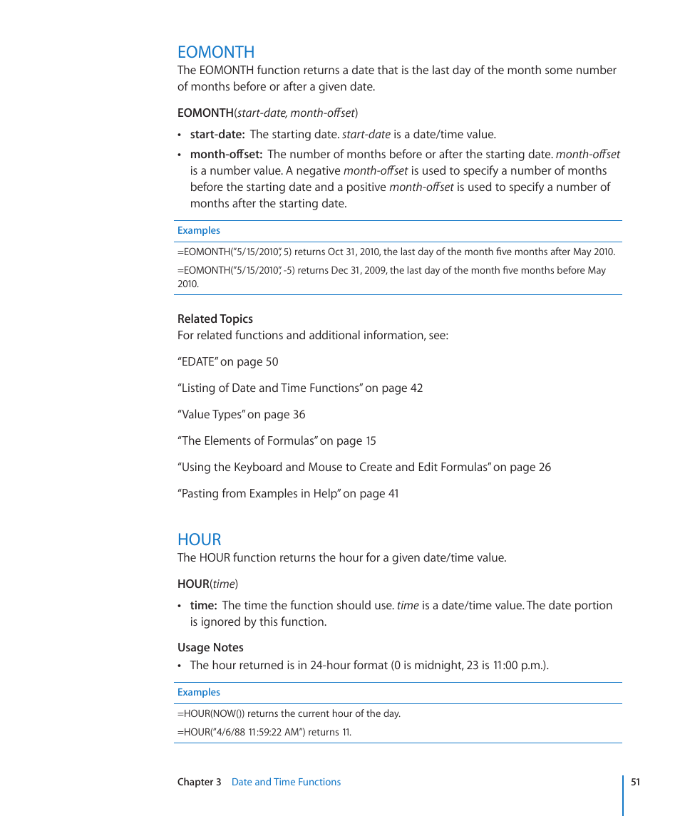 Eomonth, Hour | Apple iWork '09 User Manual | Page 51 / 372