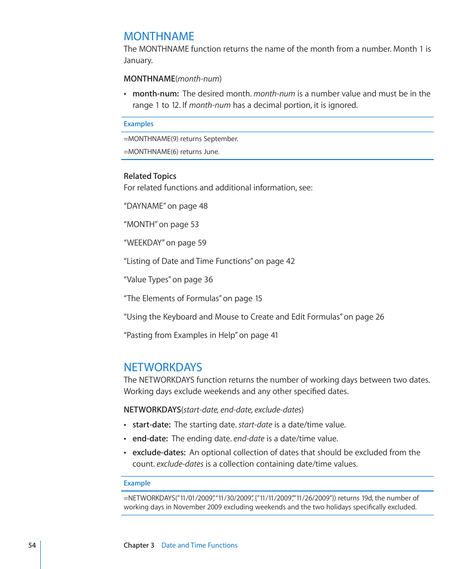 Monthname, Networkdays, 54 monthname 54 networkdays | Apple iWork '09 User Manual | Page 54 / 372