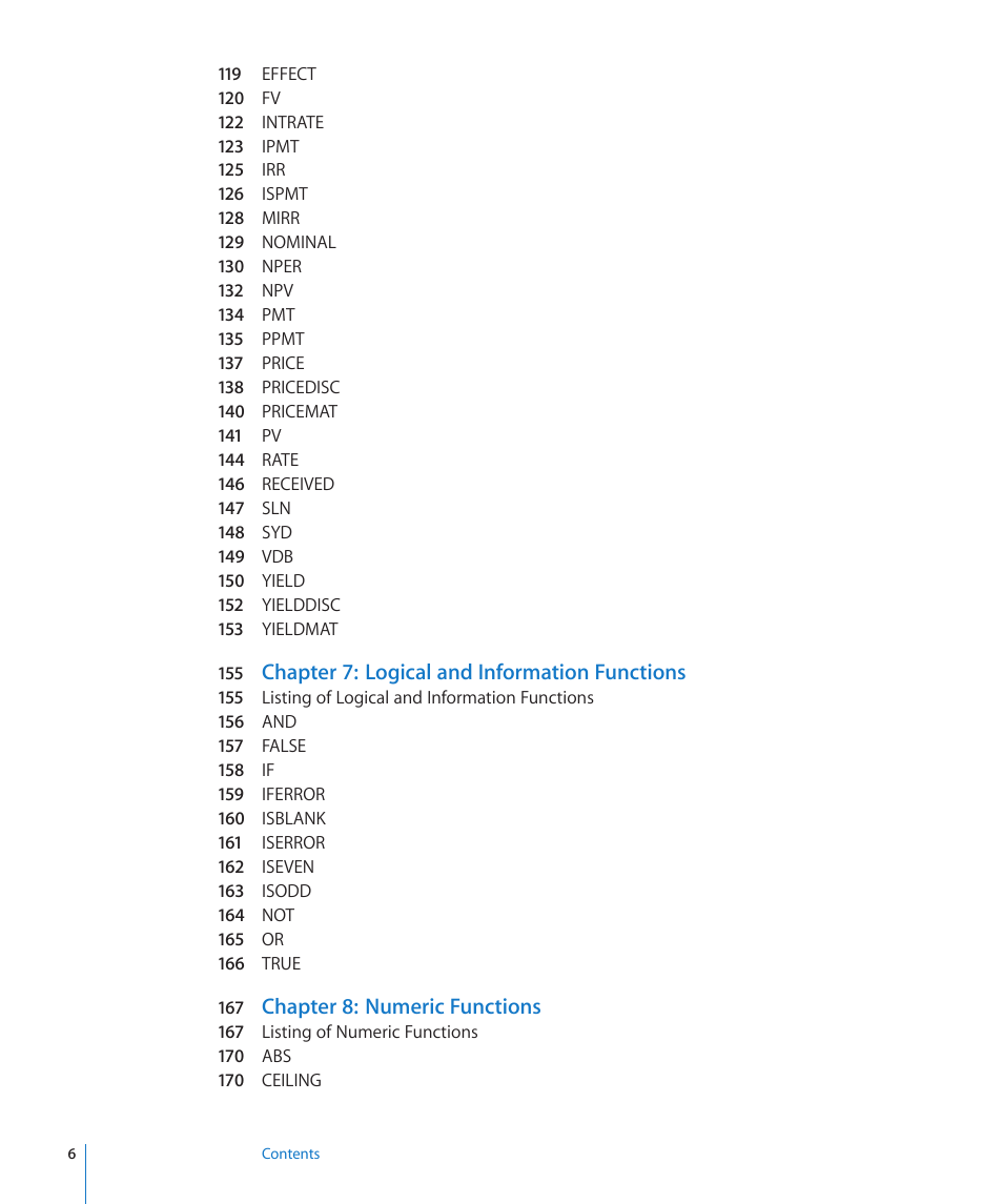 Chapter 7: logical and information functions, Chapter 8: numeric functions | Apple iWork '09 User Manual | Page 6 / 372