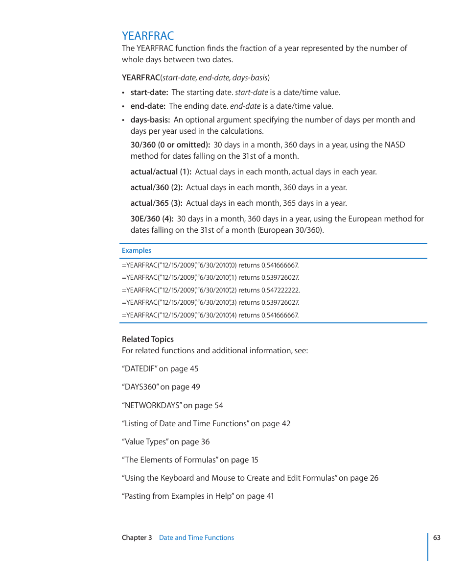 Yearfrac, 63 yearfrac | Apple iWork '09 User Manual | Page 63 / 372