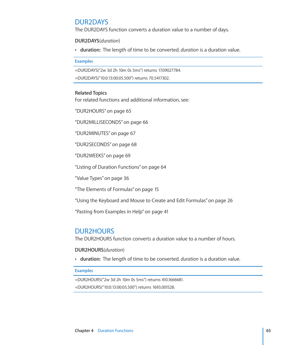 Dur2days, Dur2hours, 65 dur2days 65 dur2hours | Apple iWork '09 User Manual | Page 65 / 372