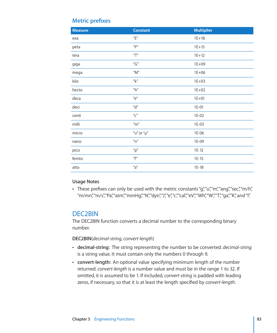 Metric prefixes, Dec2bin, 83 dec2bin | Apple iWork '09 User Manual | Page 83 / 372