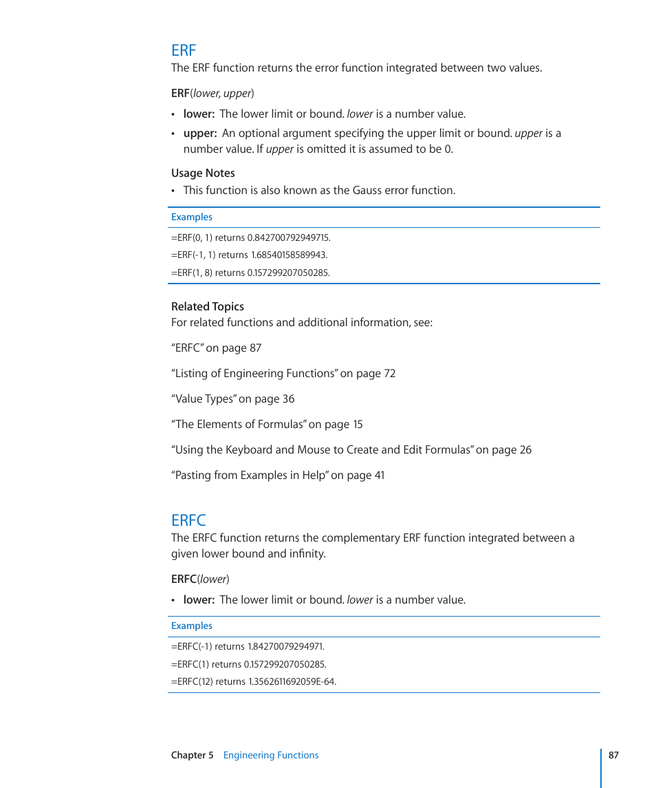 Erfc, 87 erf 87 erfc | Apple iWork '09 User Manual | Page 87 / 372