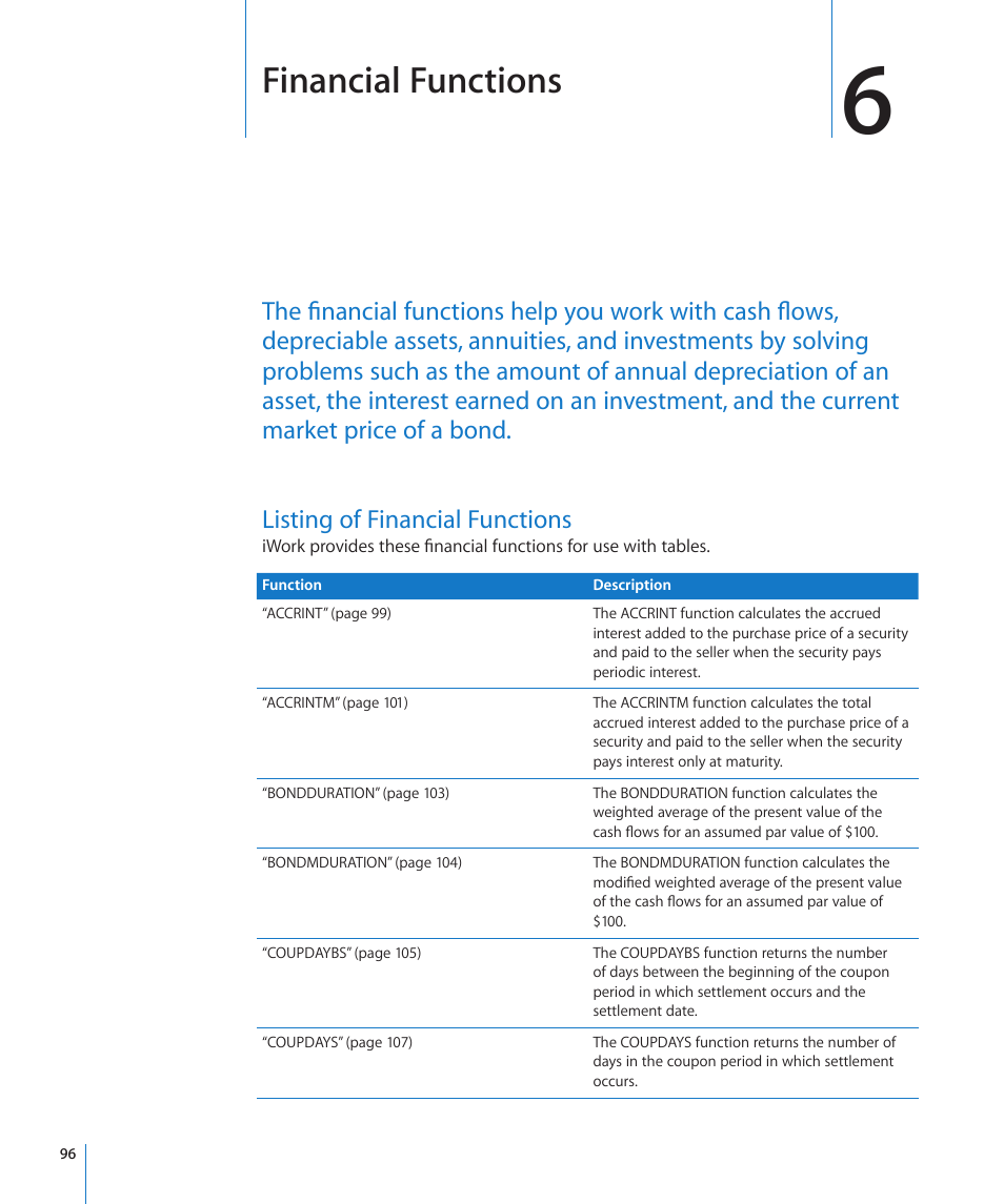 Chapter 6: financial functions, Listing of financial functions, Chapter 6: financial functions | 96 listing of financial functions, Financial functions | Apple iWork '09 User Manual | Page 96 / 372
