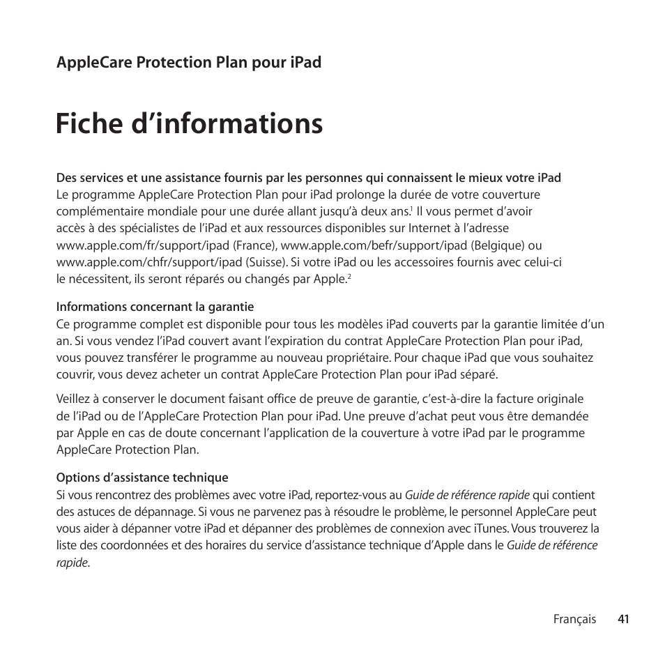 Fiche d’informations, Applecare protection plan pour ipad | Apple AppleCare Protection Plan for iPad User Manual | Page 41 / 100