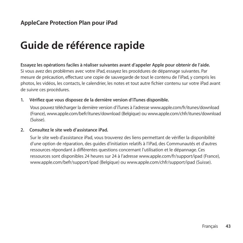 Guide de référence rapide | Apple AppleCare Protection Plan for iPad User Manual | Page 43 / 100