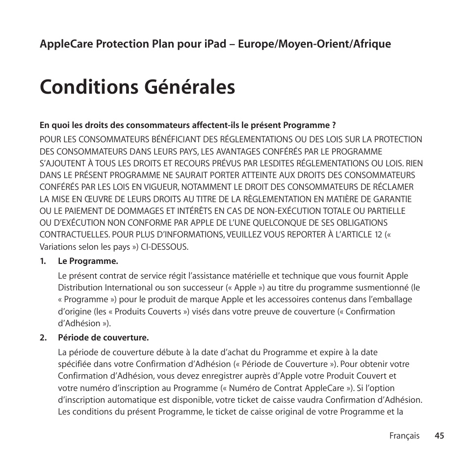 Conditions générales | Apple AppleCare Protection Plan for iPad User Manual | Page 45 / 100