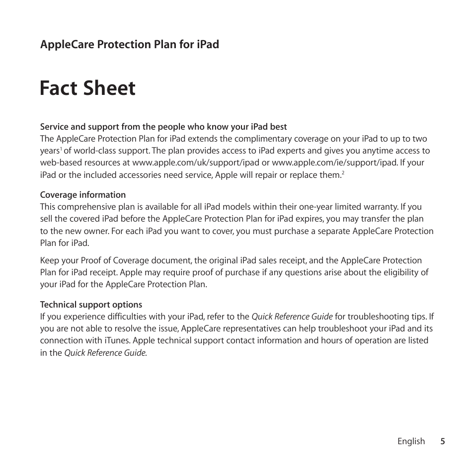 Fact sheet, Applecare protection plan for ipad | Apple AppleCare Protection Plan for iPad User Manual | Page 5 / 100