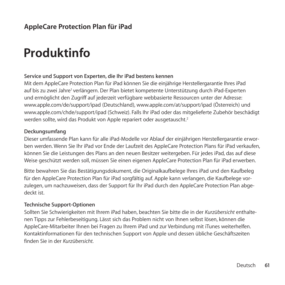 Produktinfo, Applecare protection plan für ipad | Apple AppleCare Protection Plan for iPad User Manual | Page 61 / 100