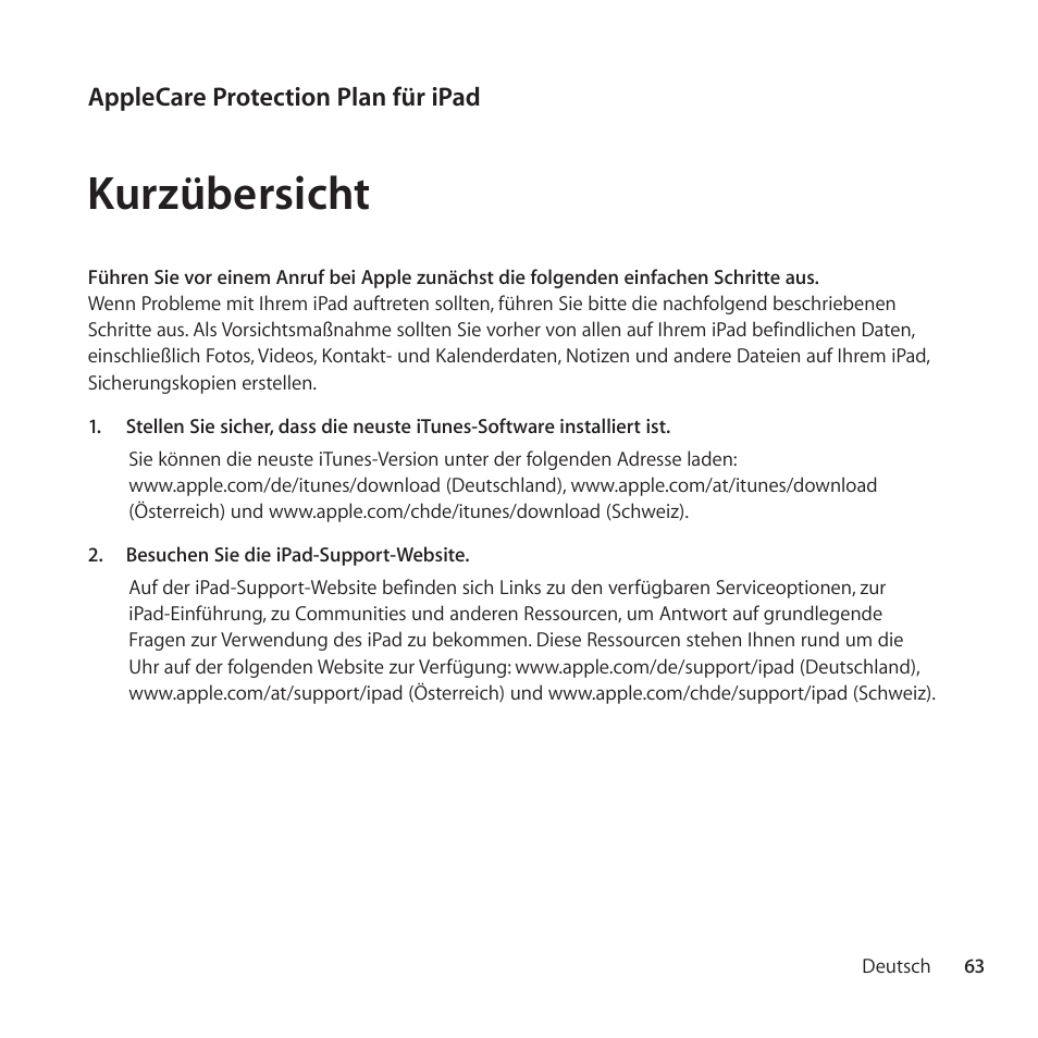 Kurzübersicht | Apple AppleCare Protection Plan for iPad User Manual | Page 63 / 100