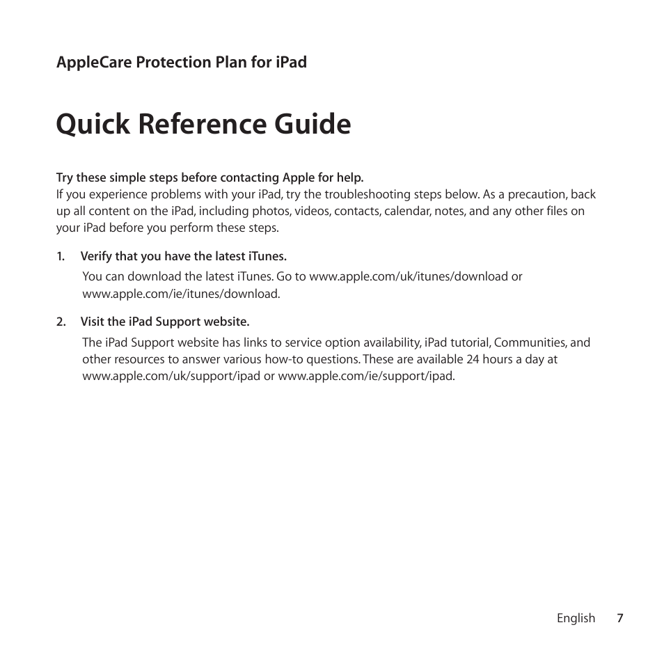 Quick reference guide | Apple AppleCare Protection Plan for iPad User Manual | Page 7 / 100