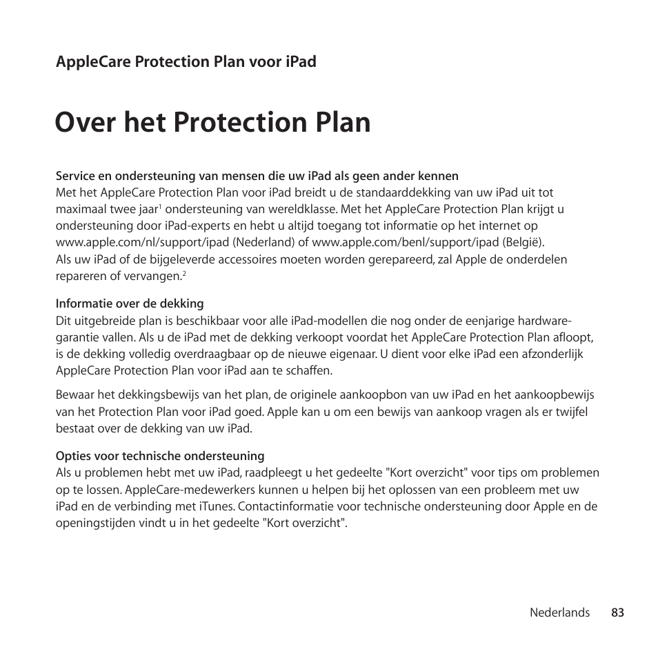 Over het protection plan, Applecare protection plan voor ipad | Apple AppleCare Protection Plan for iPad User Manual | Page 83 / 100