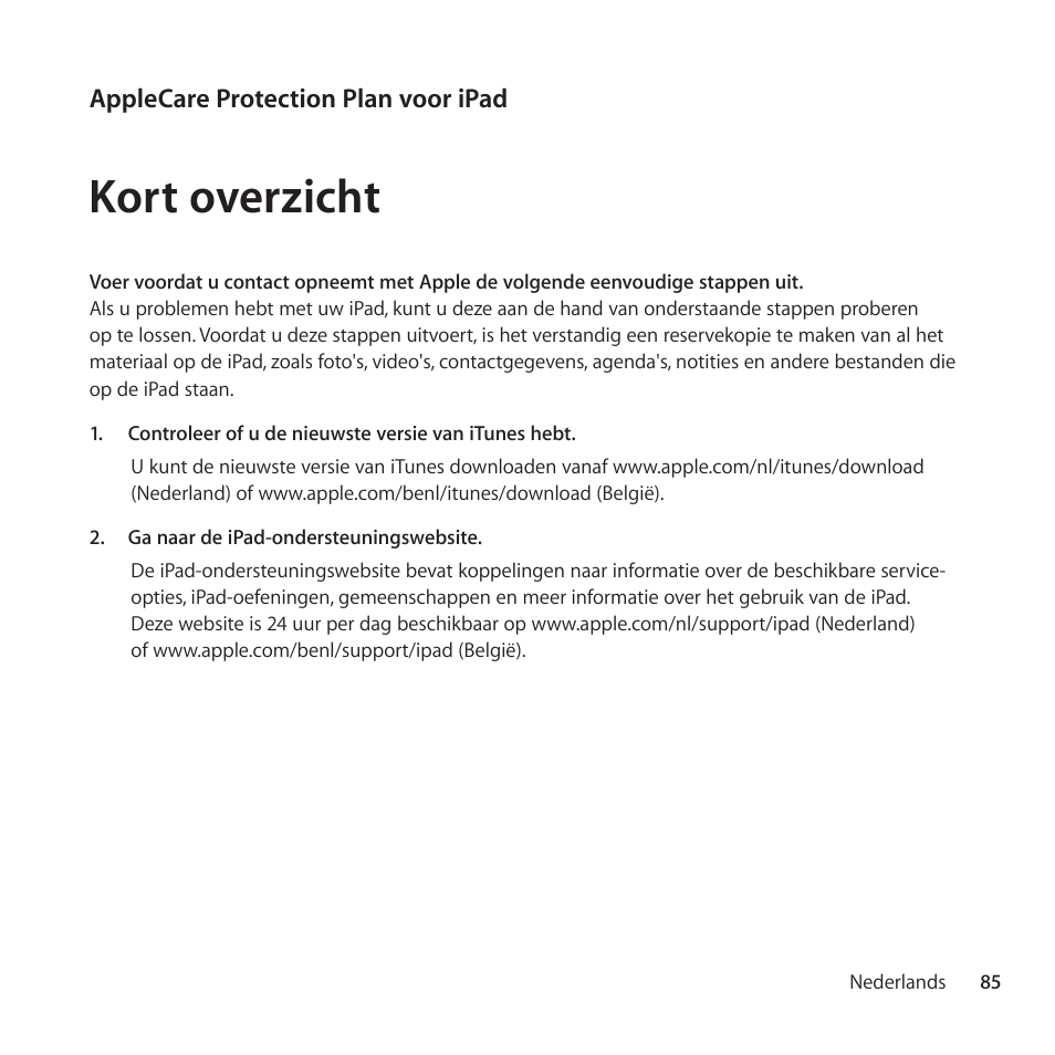 Kort overzicht | Apple AppleCare Protection Plan for iPad User Manual | Page 85 / 100