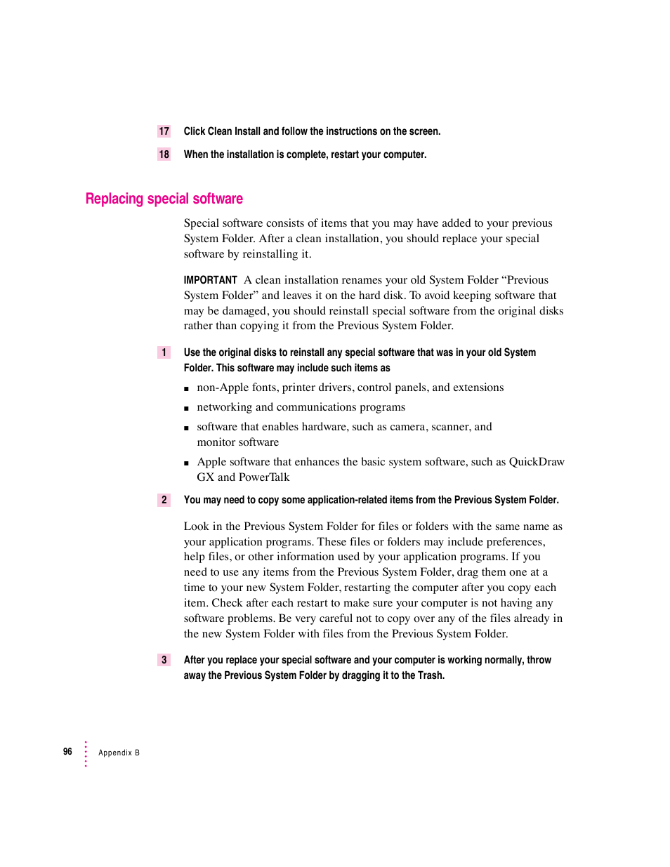 Replacing special software | Apple Macintosh System 7.5 User Manual | Page 100 / 114
