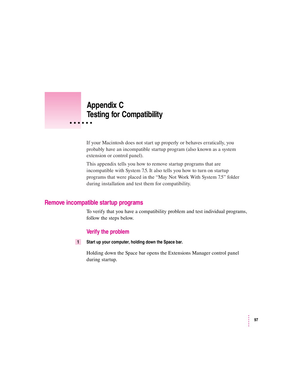 Appendix c testing for compatibility | Apple Macintosh System 7.5 User Manual | Page 101 / 114