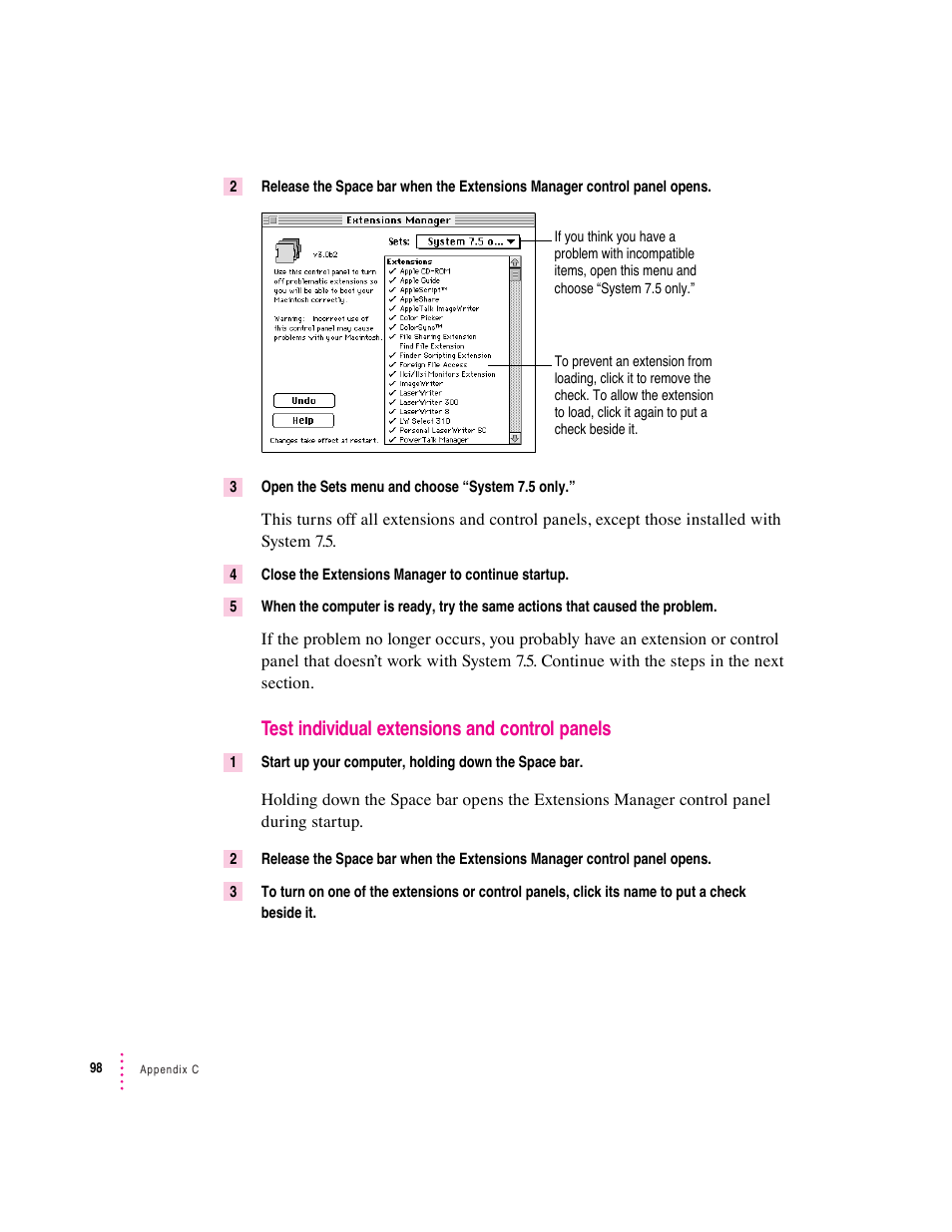 Test individual extensions and control panels | Apple Macintosh System 7.5 User Manual | Page 102 / 114