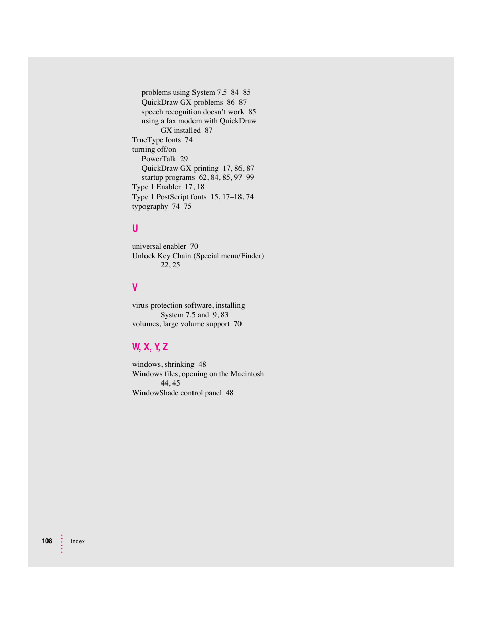 W, x, y, z | Apple Macintosh System 7.5 User Manual | Page 112 / 114