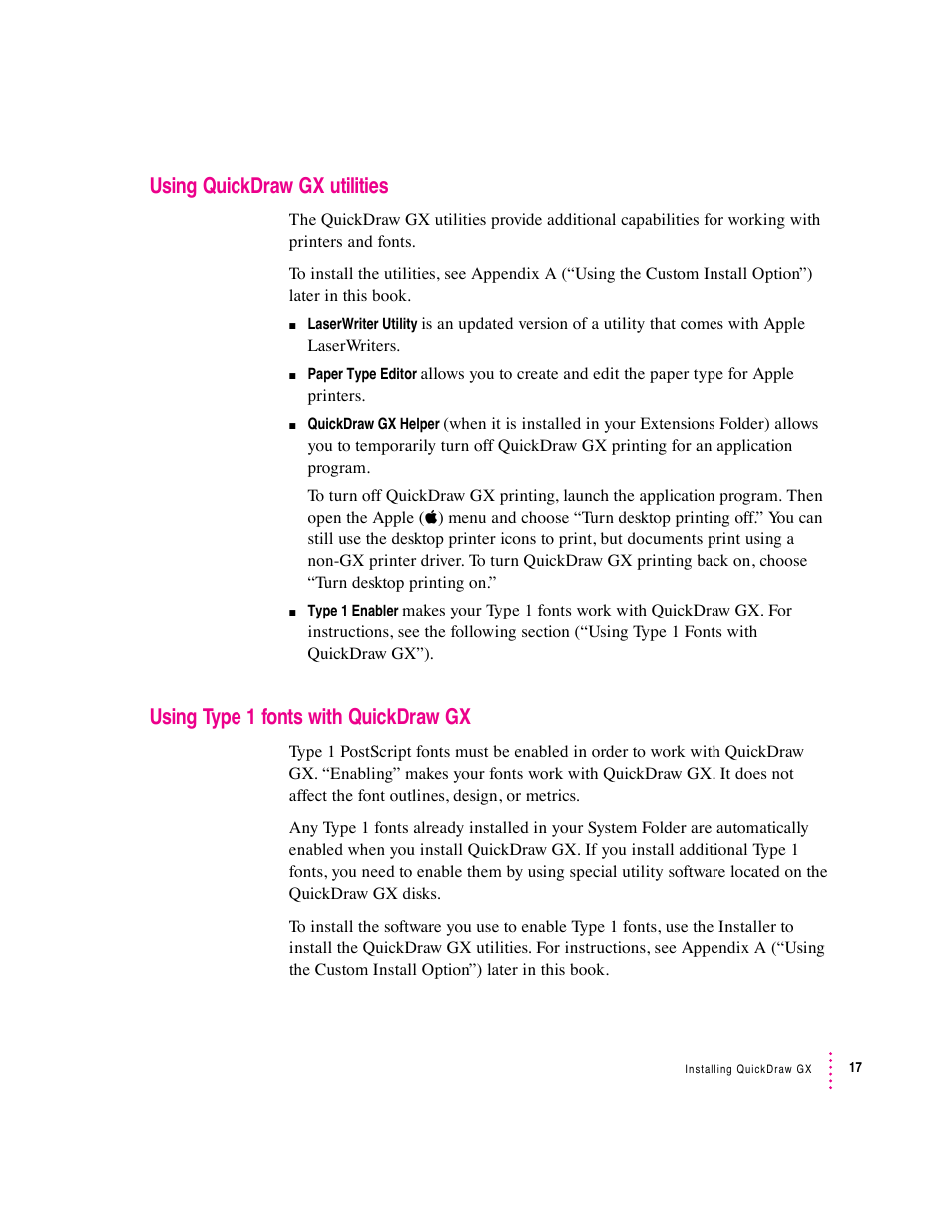 Using quickdraw gx utilities, Using type 1 fonts with quickdraw gx | Apple Macintosh System 7.5 User Manual | Page 23 / 114