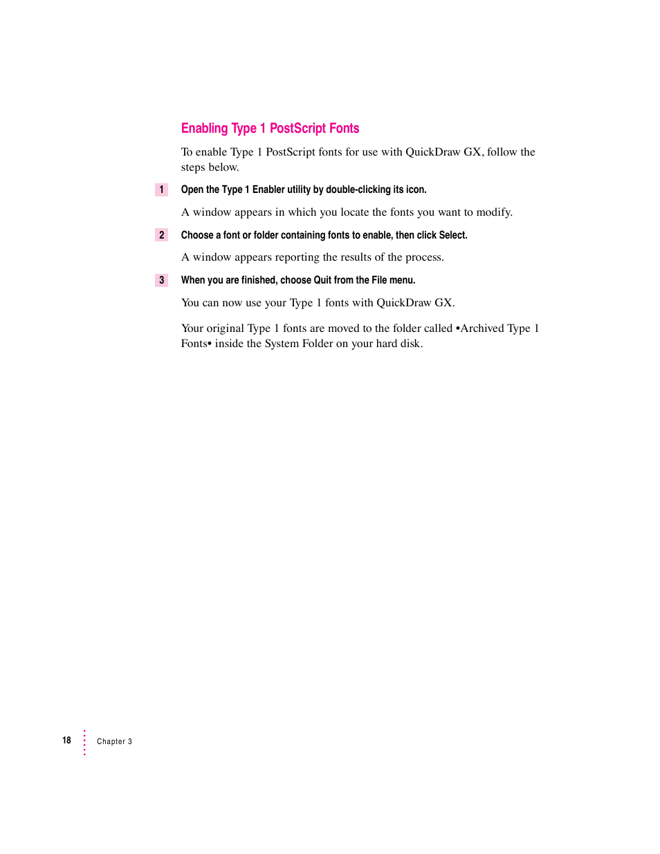 Enabling type 1 postscript fonts | Apple Macintosh System 7.5 User Manual | Page 24 / 114