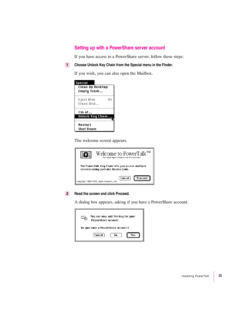 Setting up with a powershare server account | Apple Macintosh System 7.5 User Manual | Page 31 / 114