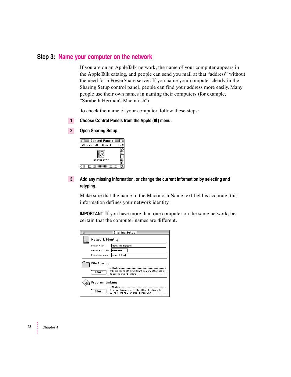 Step 3: name your computer on the network | Apple Macintosh System 7.5 User Manual | Page 34 / 114