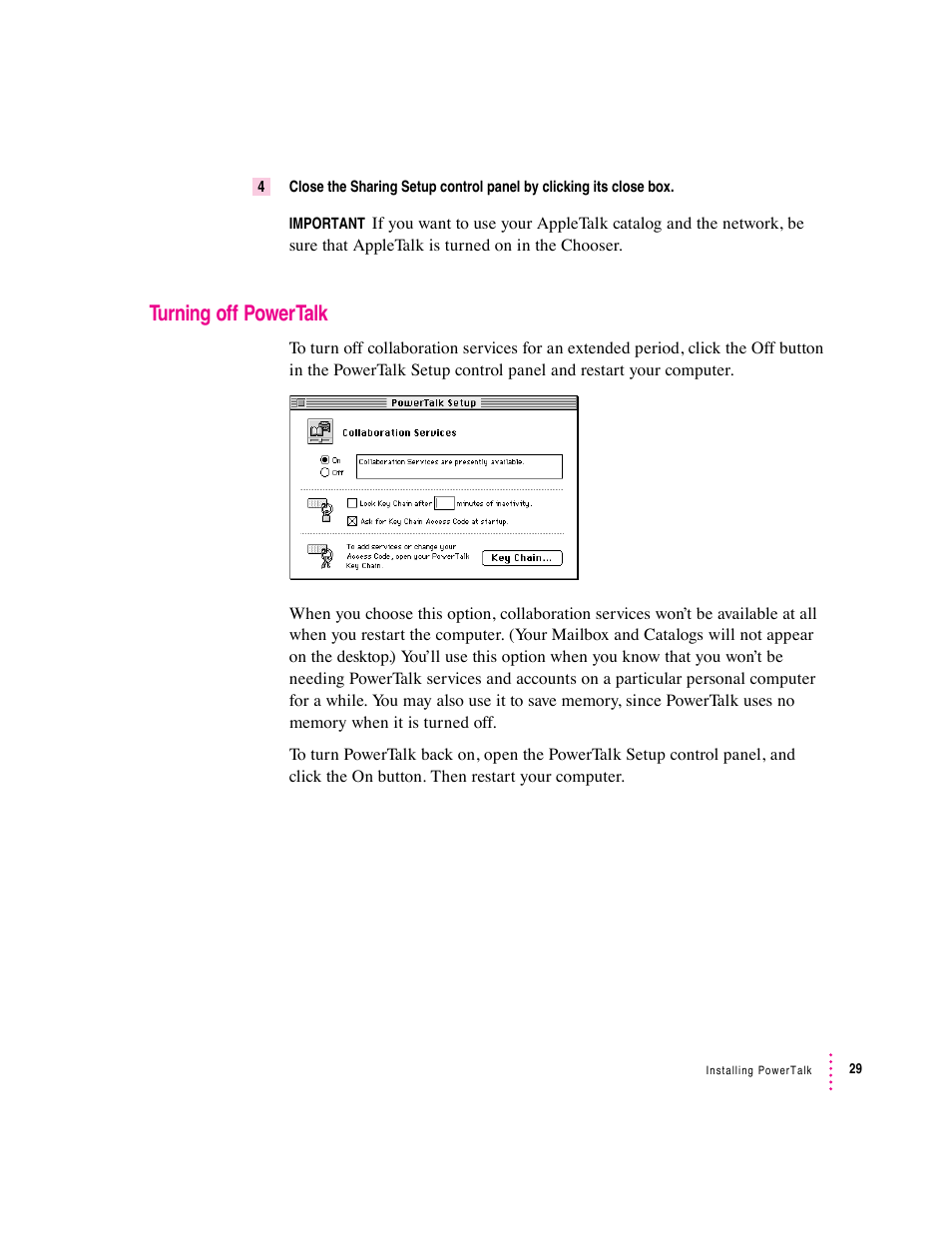 Turning off powertalk | Apple Macintosh System 7.5 User Manual | Page 35 / 114