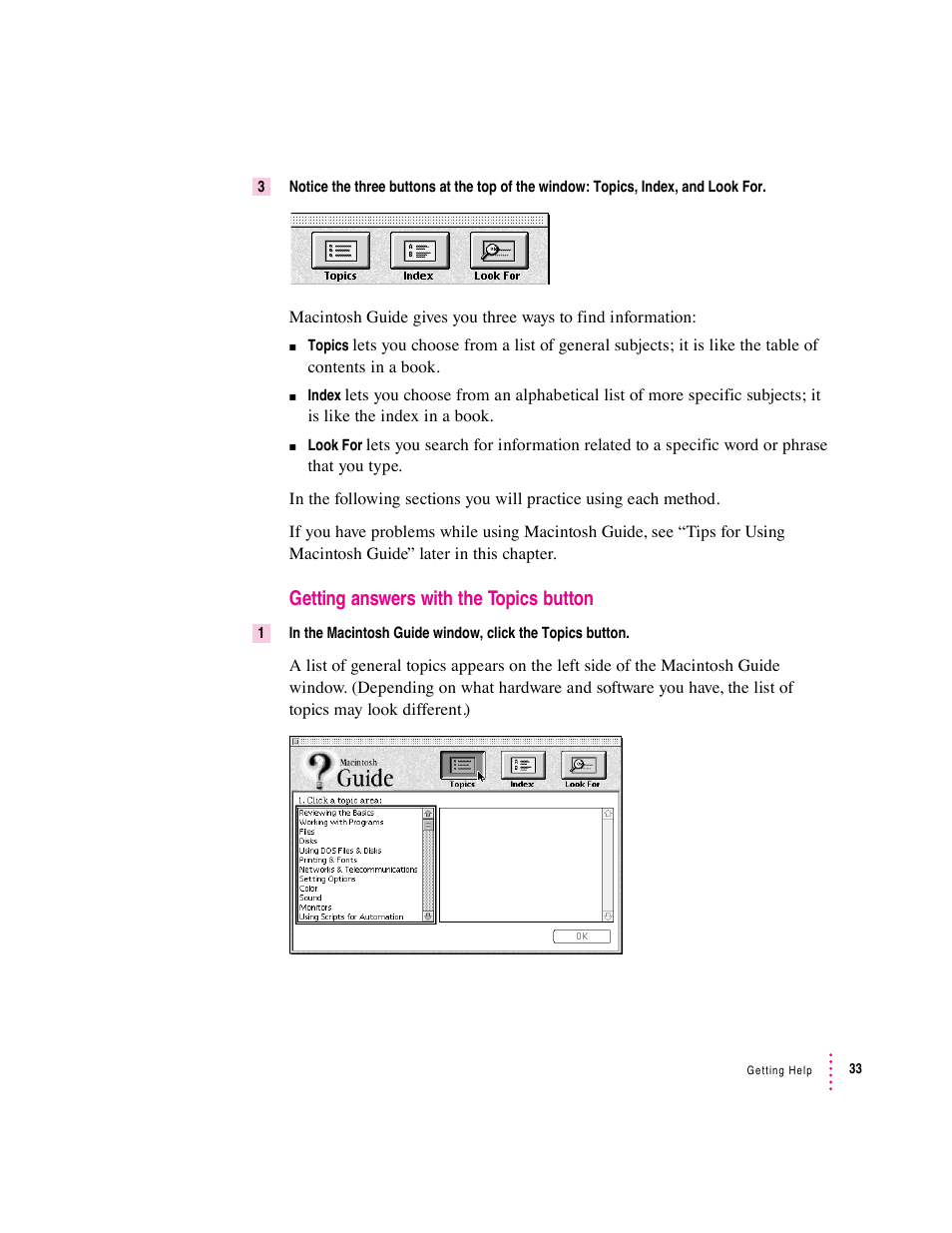 Getting answers with the topics button | Apple Macintosh System 7.5 User Manual | Page 38 / 114