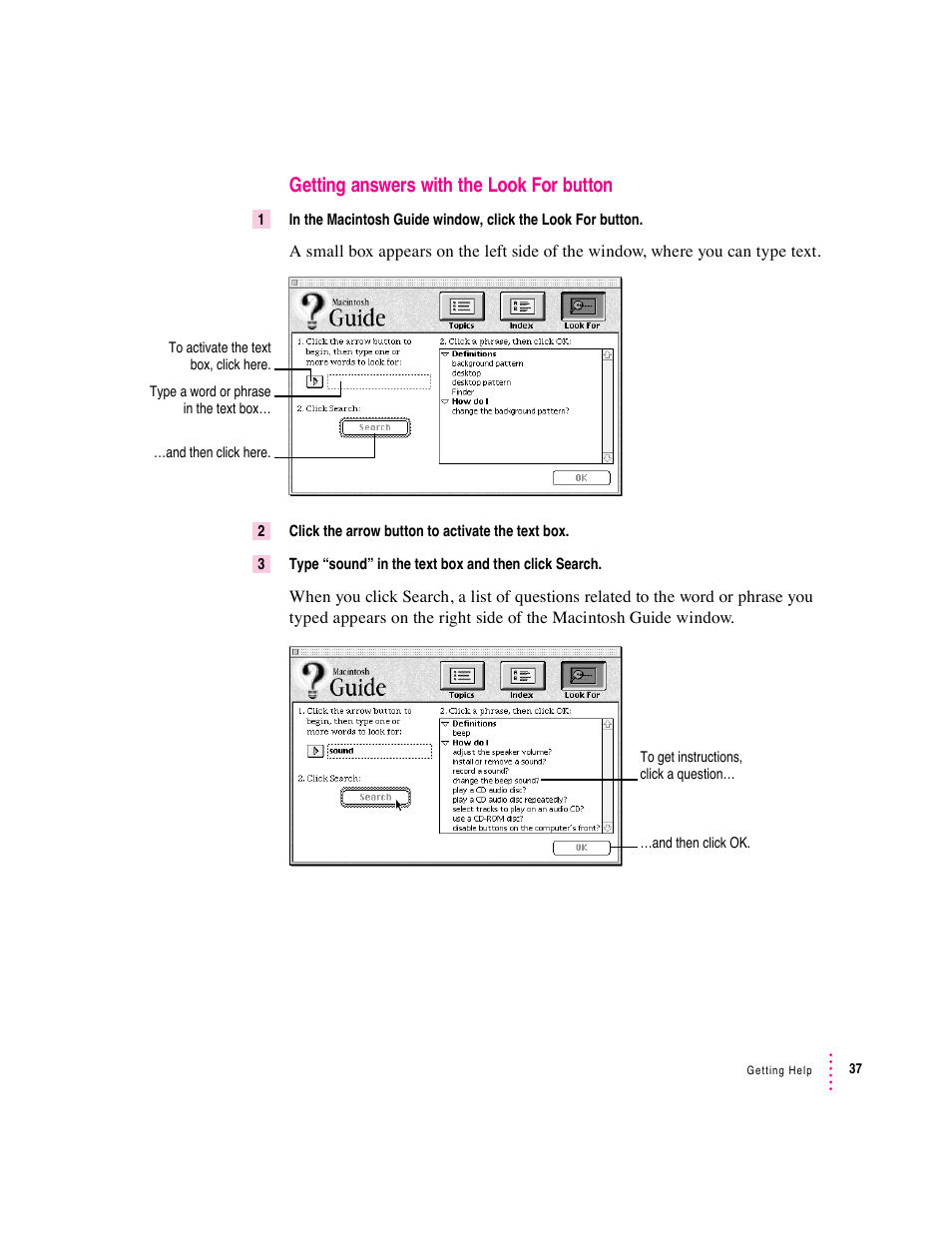 Getting answers with the look for button | Apple Macintosh System 7.5 User Manual | Page 42 / 114