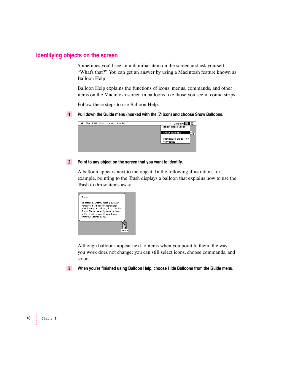 Identifying objects on the screen | Apple Macintosh System 7.5 User Manual | Page 45 / 114