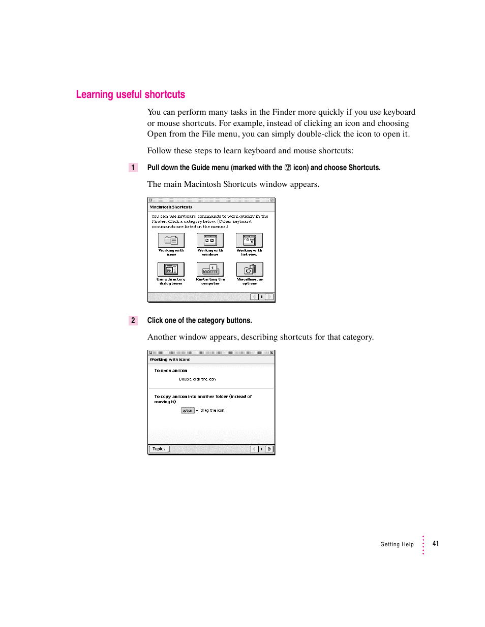 Learning useful shortcuts | Apple Macintosh System 7.5 User Manual | Page 46 / 114