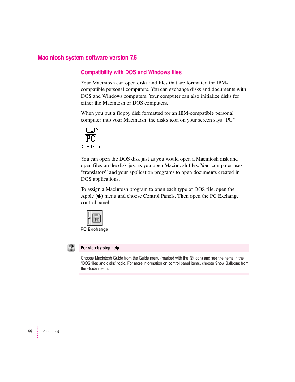 Macintosh system software version 7.5, Compatibility with dos and windows files | Apple Macintosh System 7.5 User Manual | Page 49 / 114
