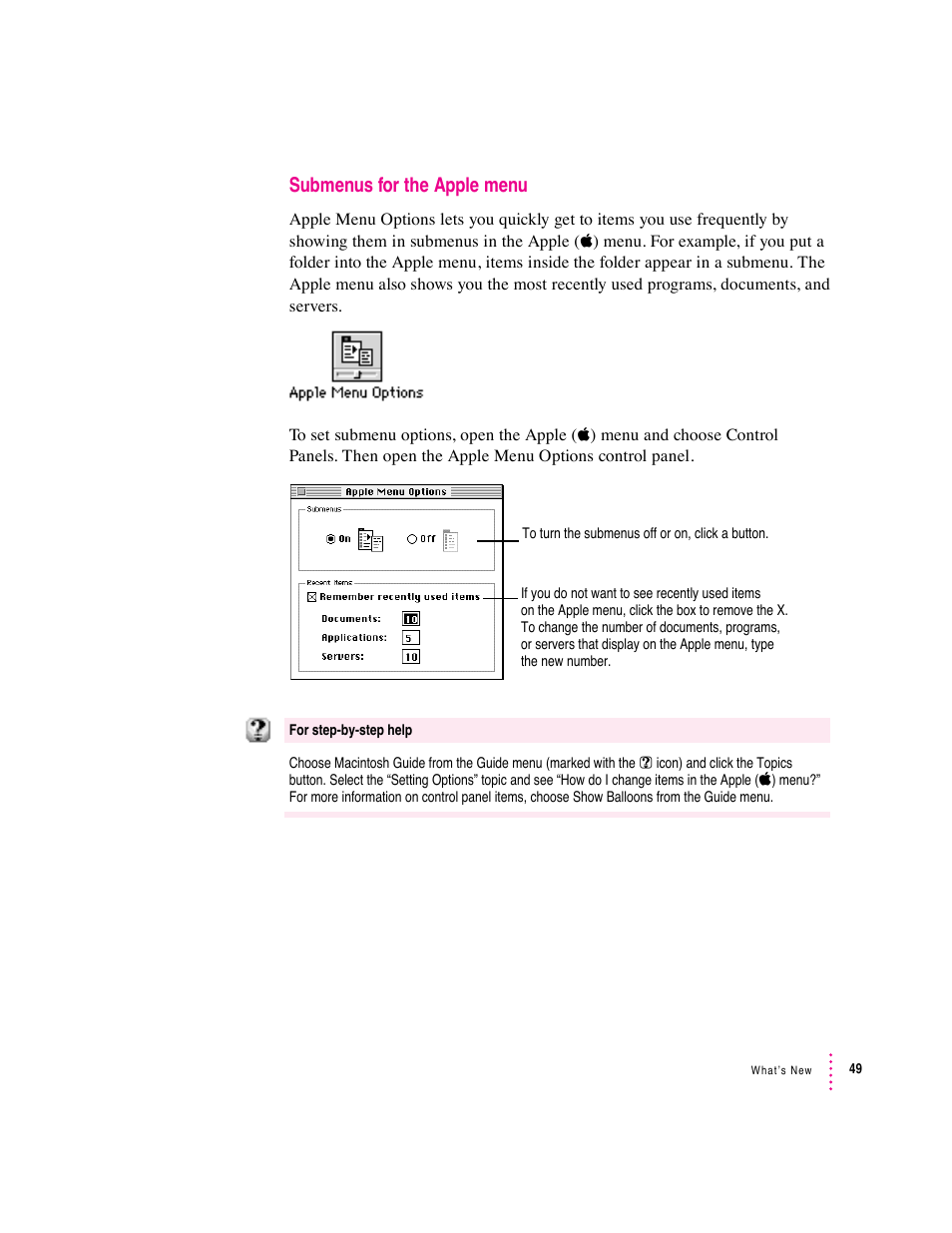 Submenus for the apple menu | Apple Macintosh System 7.5 User Manual | Page 54 / 114