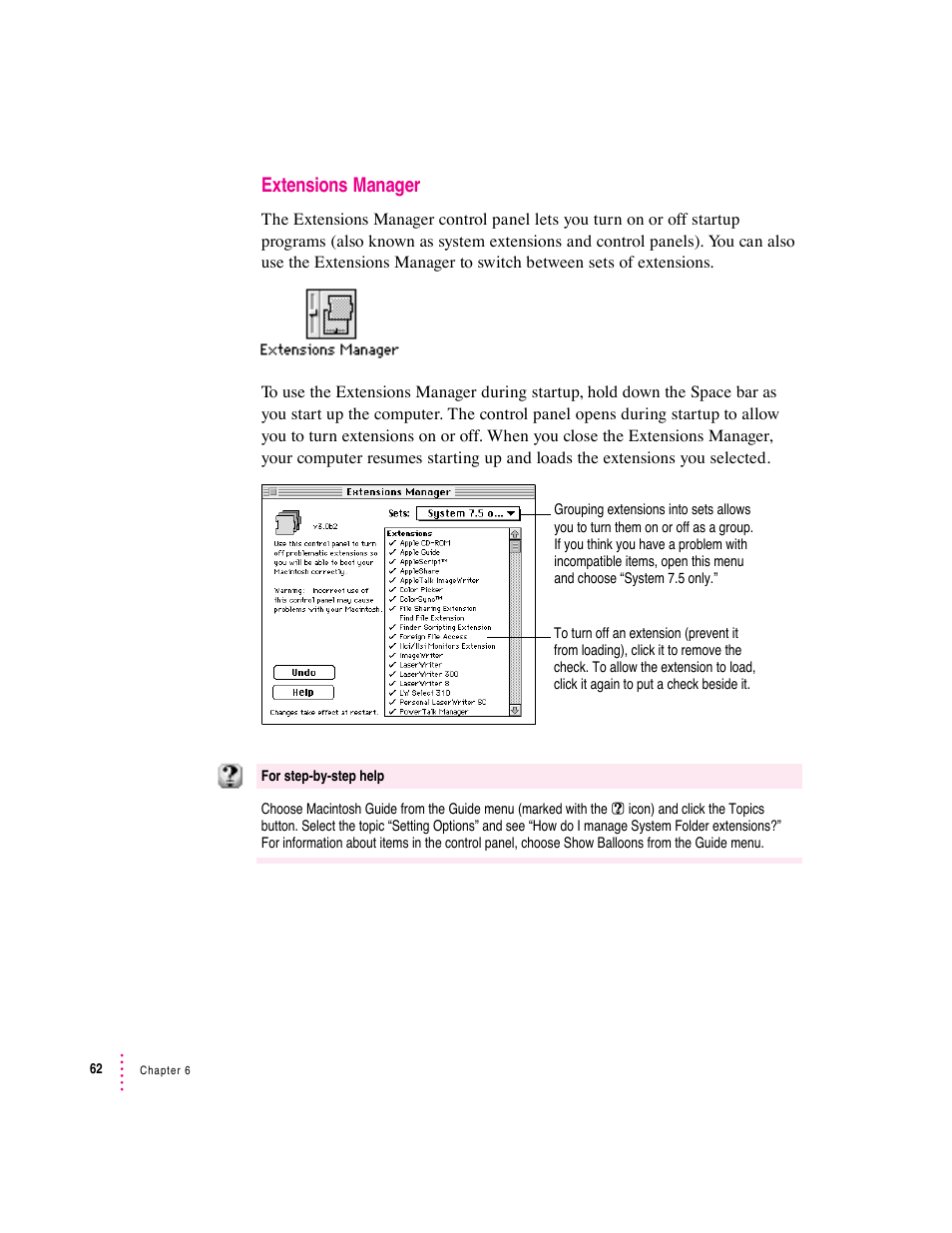 Extensions manager | Apple Macintosh System 7.5 User Manual | Page 67 / 114