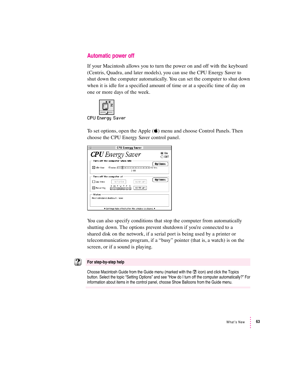 Automatic power off | Apple Macintosh System 7.5 User Manual | Page 68 / 114