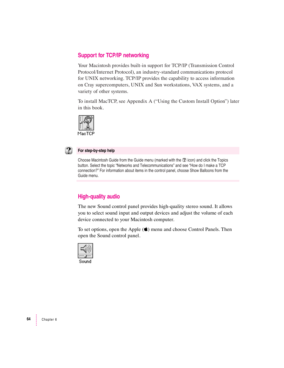 Support for tcp/ip networking, High-quality audio | Apple Macintosh System 7.5 User Manual | Page 69 / 114