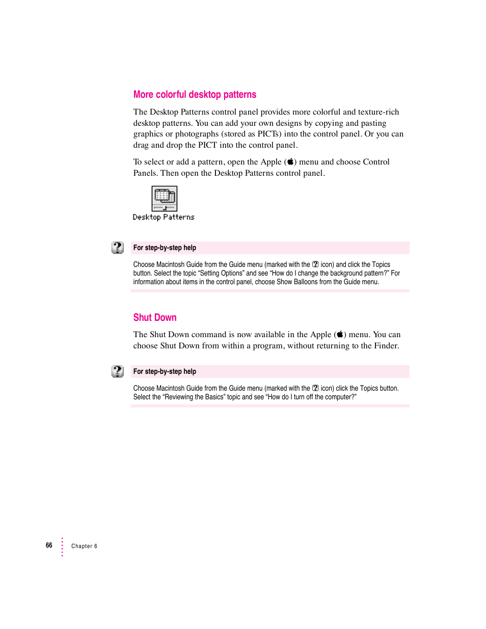 More colorful desktop patterns, Shut down | Apple Macintosh System 7.5 User Manual | Page 71 / 114