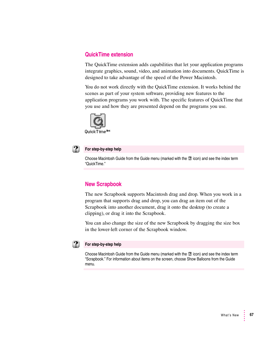 Quicktime extension, New scrapbook | Apple Macintosh System 7.5 User Manual | Page 72 / 114