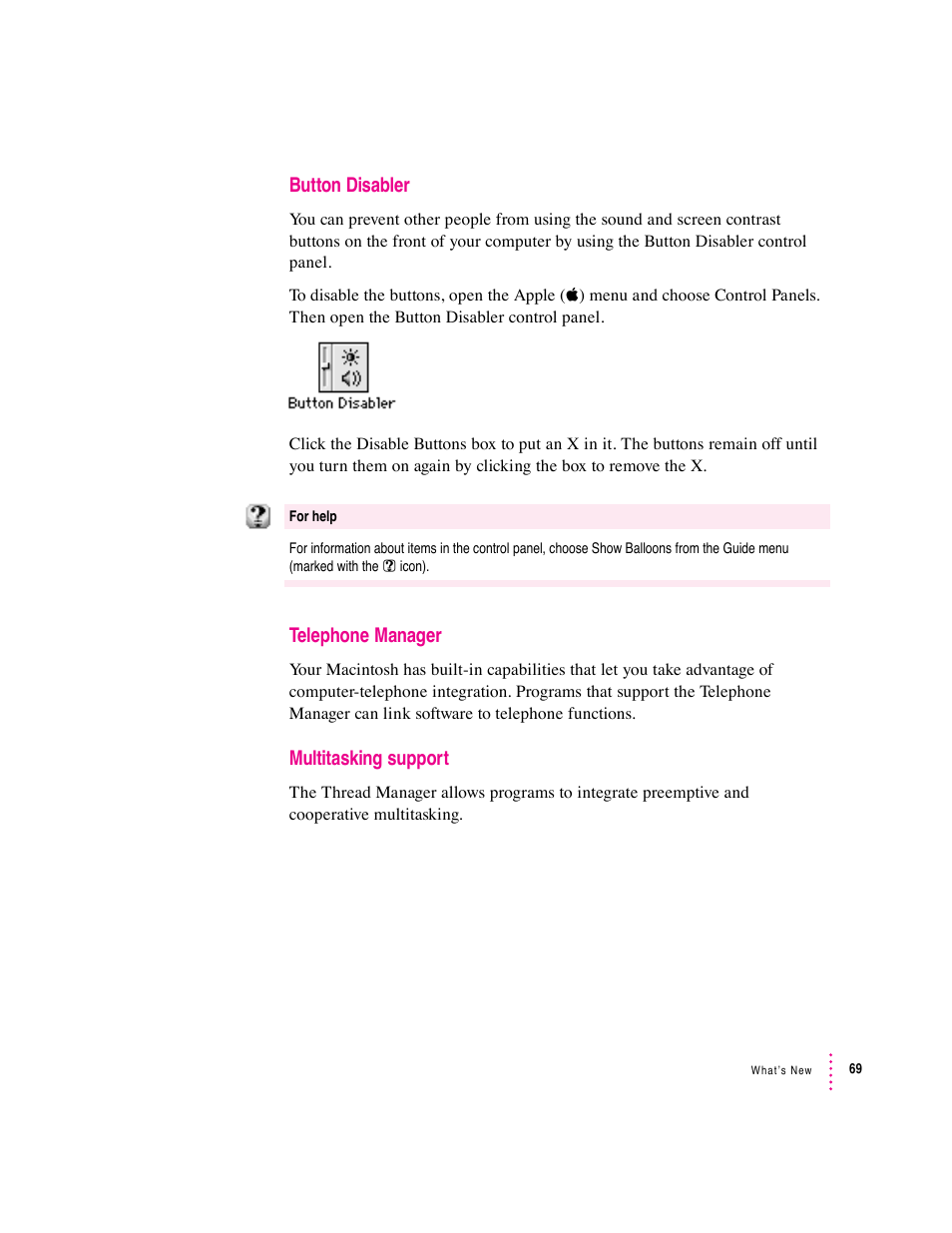 Button disabler, Telephone manager, Multitasking support | Apple Macintosh System 7.5 User Manual | Page 74 / 114