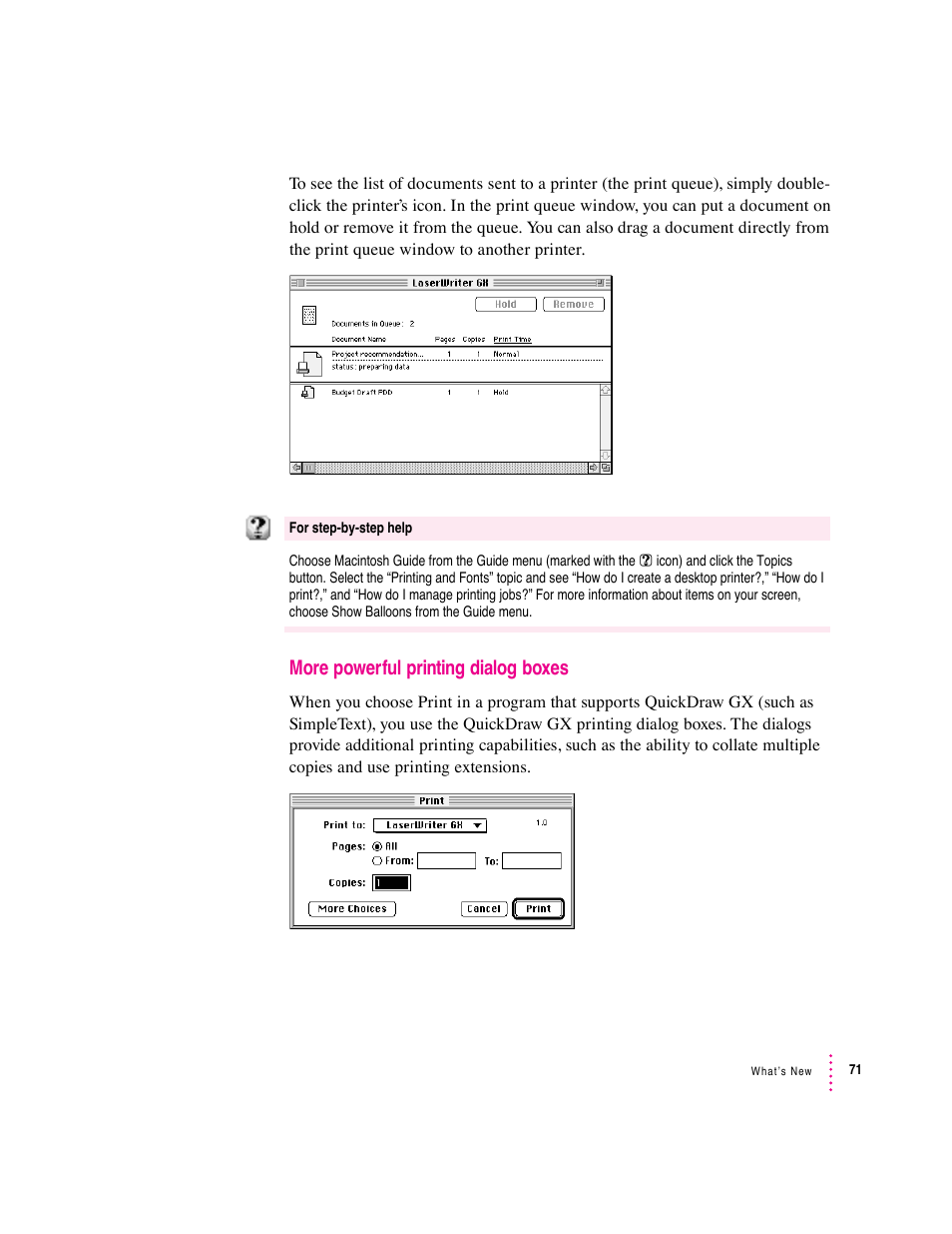 More powerful printing dialog boxes | Apple Macintosh System 7.5 User Manual | Page 76 / 114